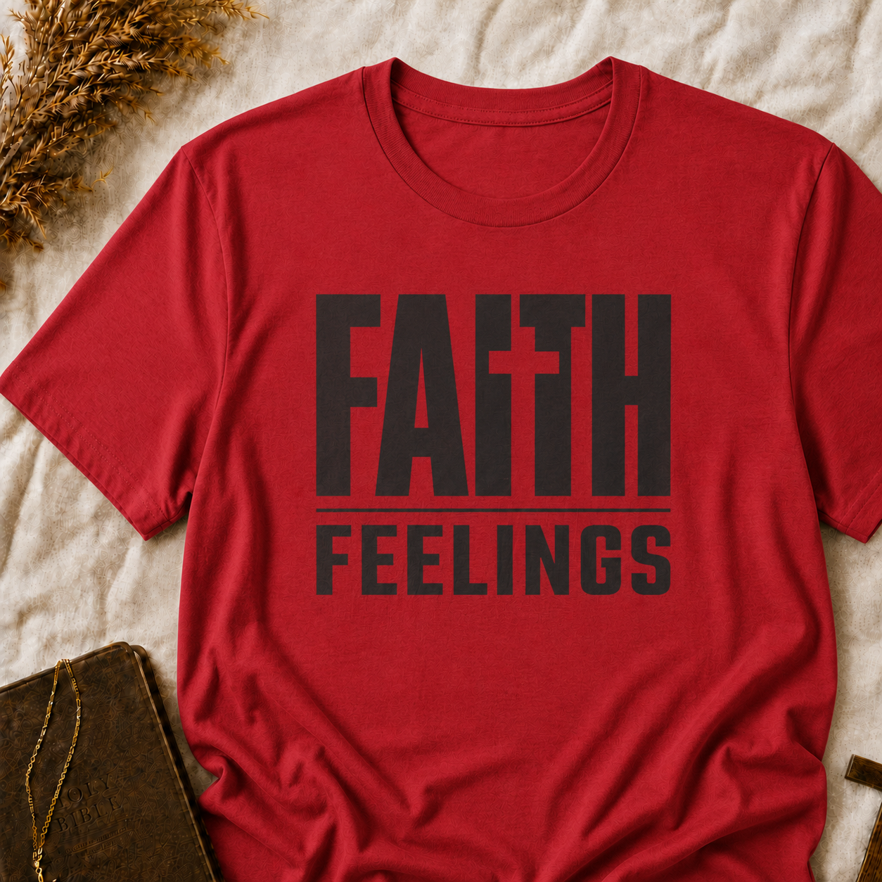 Faith Feelings T-Shirt — Christian Inspirational Tee with Cross Lettering