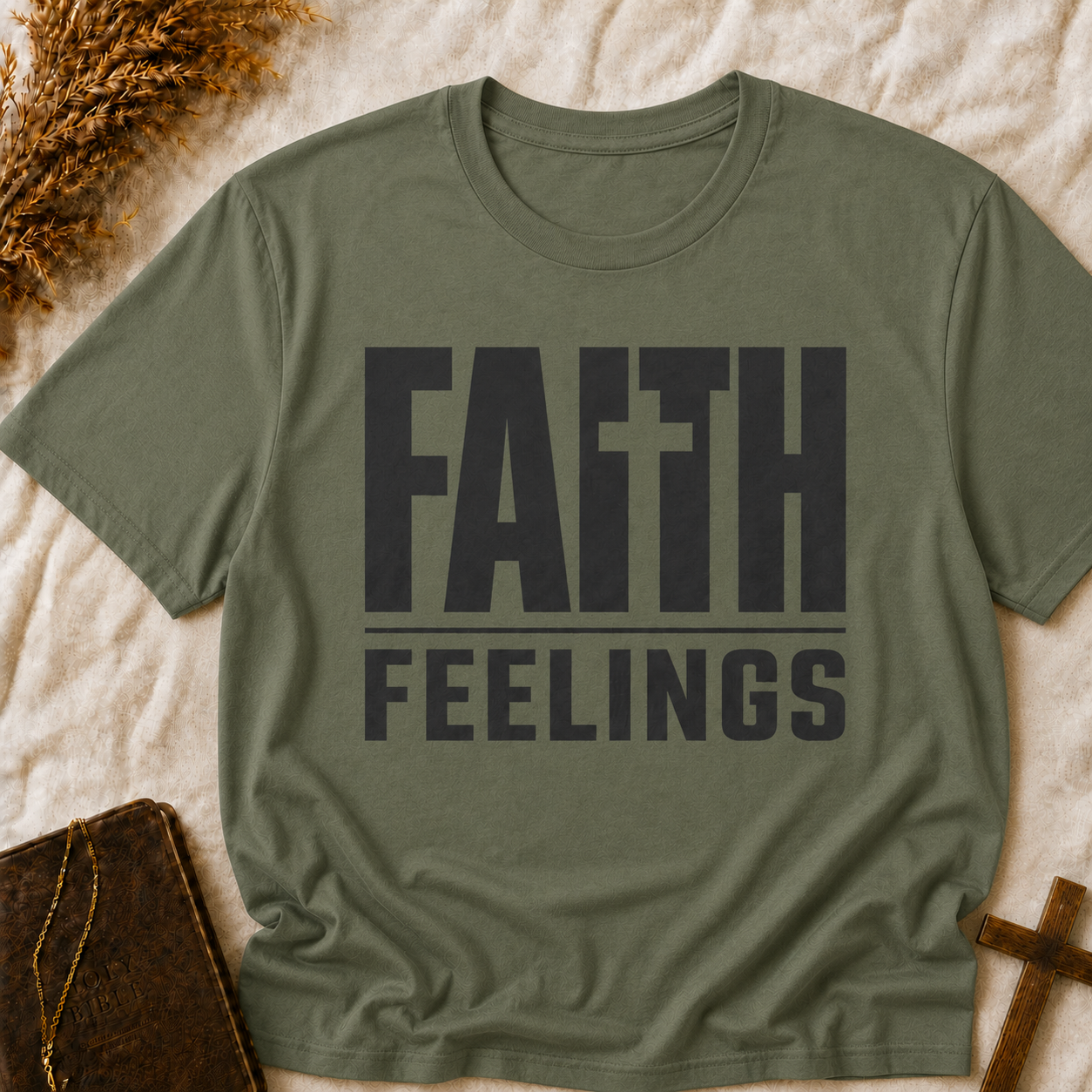 Faith Feelings T-Shirt — Christian Inspirational Tee with Cross Lettering