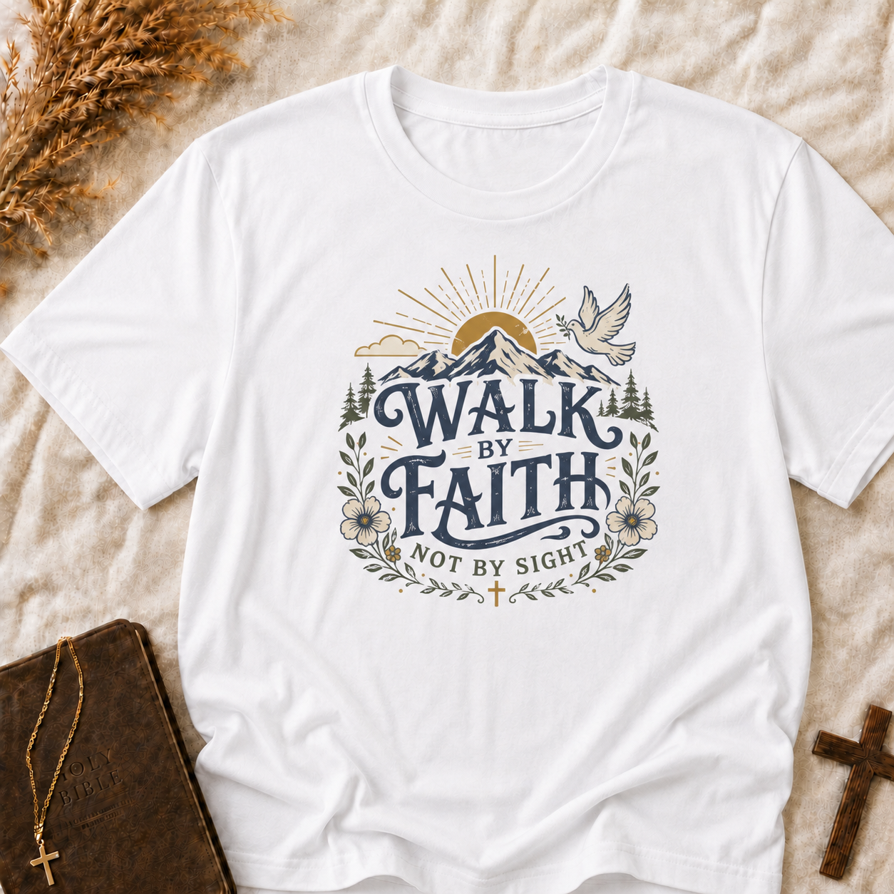 Walk By Faith T-Shirt — Inspirational Christian Tee with Dove & Mountain Design