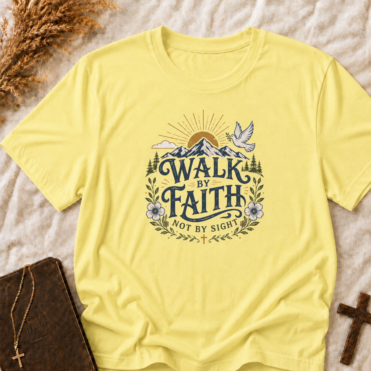 Walk By Faith T-Shirt — Inspirational Christian Tee with Dove & Mountain Design