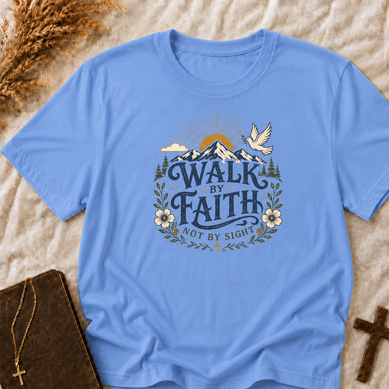 Walk By Faith T-Shirt — Inspirational Christian Tee with Dove & Mountain Design