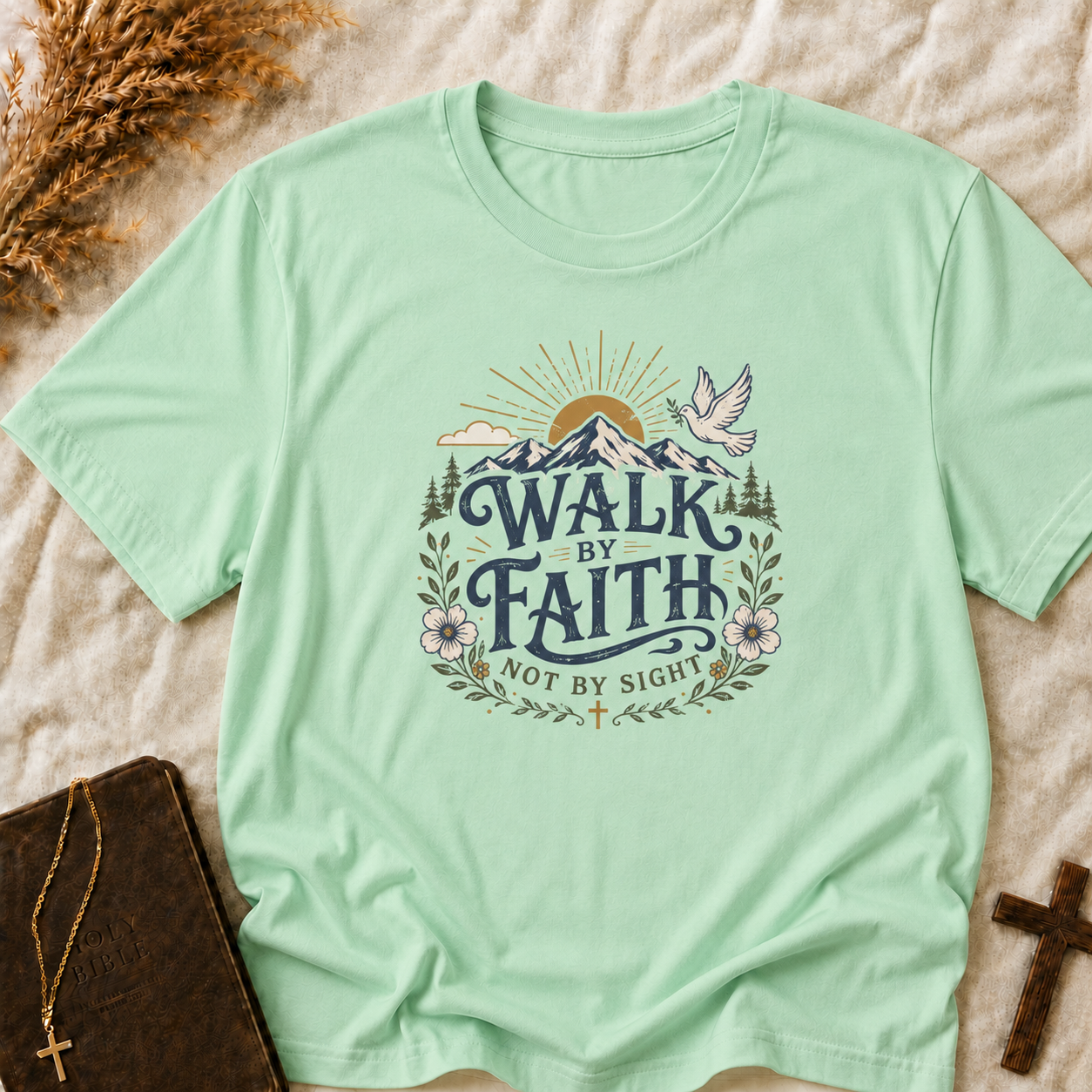 Walk By Faith T-Shirt — Inspirational Christian Tee with Dove & Mountain Design