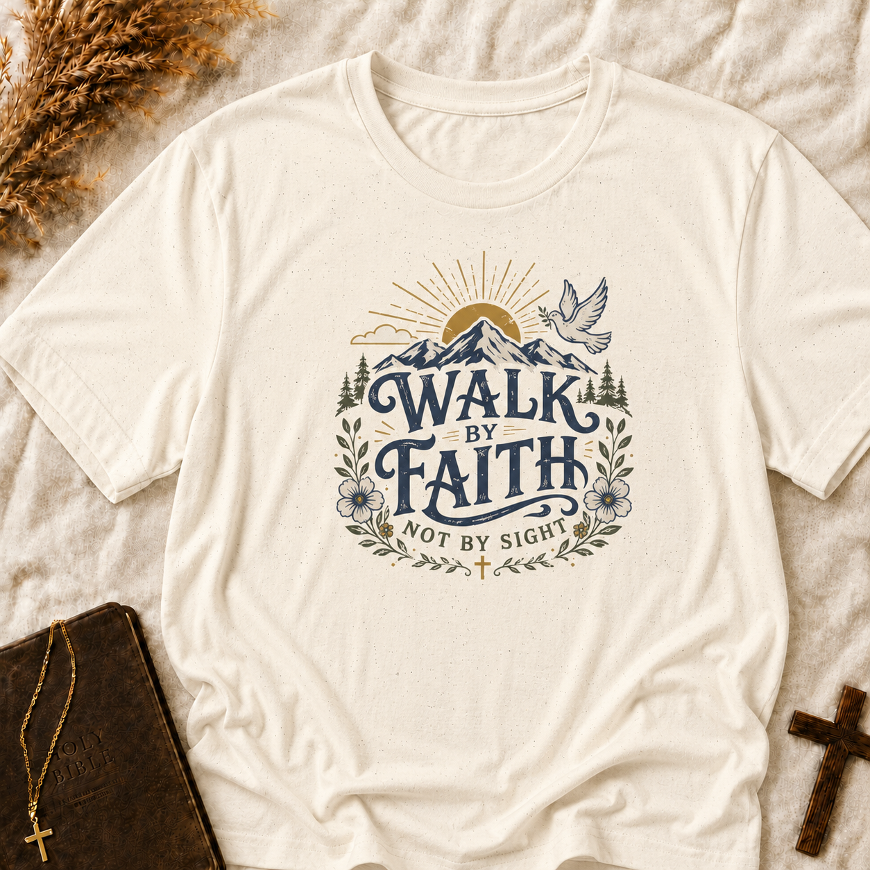 Walk By Faith T-Shirt — Inspirational Christian Tee with Dove & Mountain Design