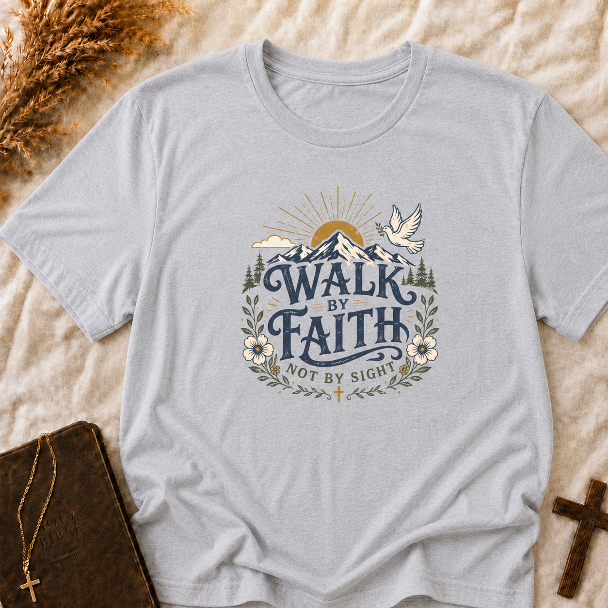 Walk By Faith T-Shirt — Inspirational Christian Tee with Dove & Mountain Design