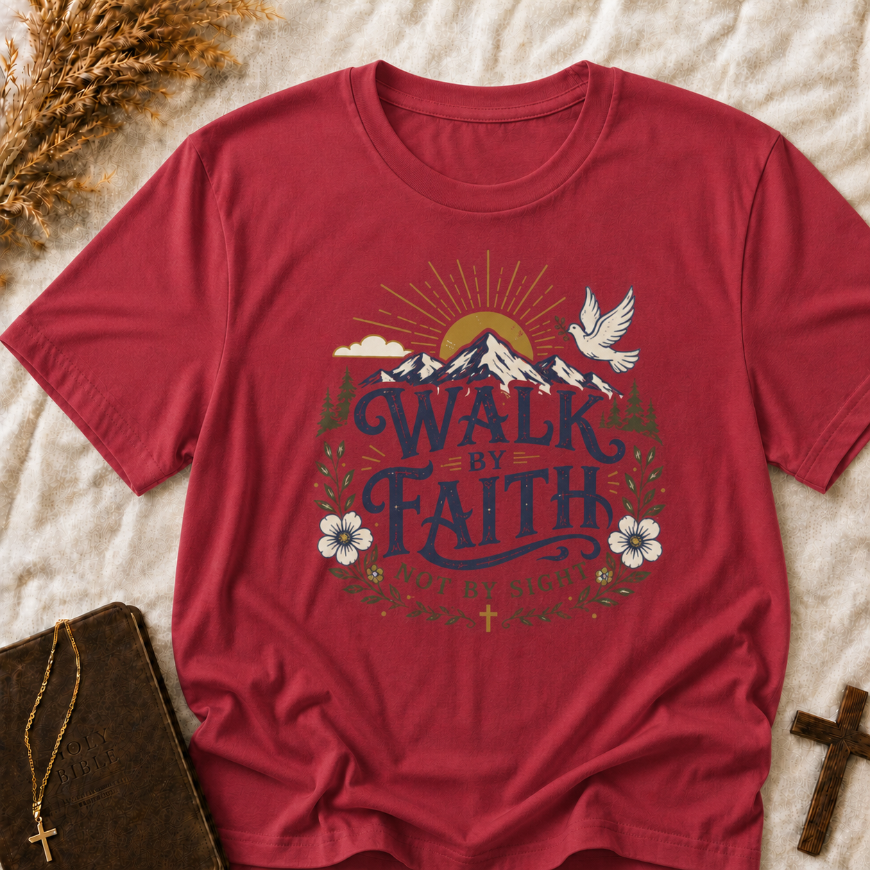 Walk By Faith T-Shirt — Inspirational Christian Tee with Dove & Mountain Design