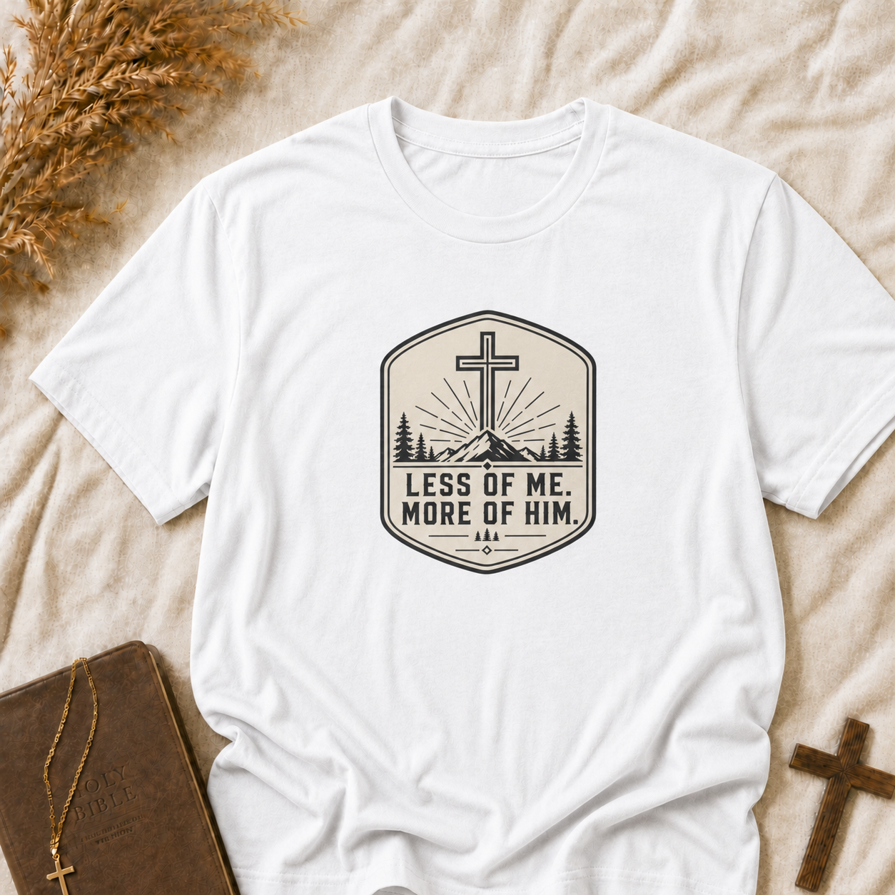 Christian T‑Shirt — “Less of Me, More of Him” Cross Mountain Faith Tee