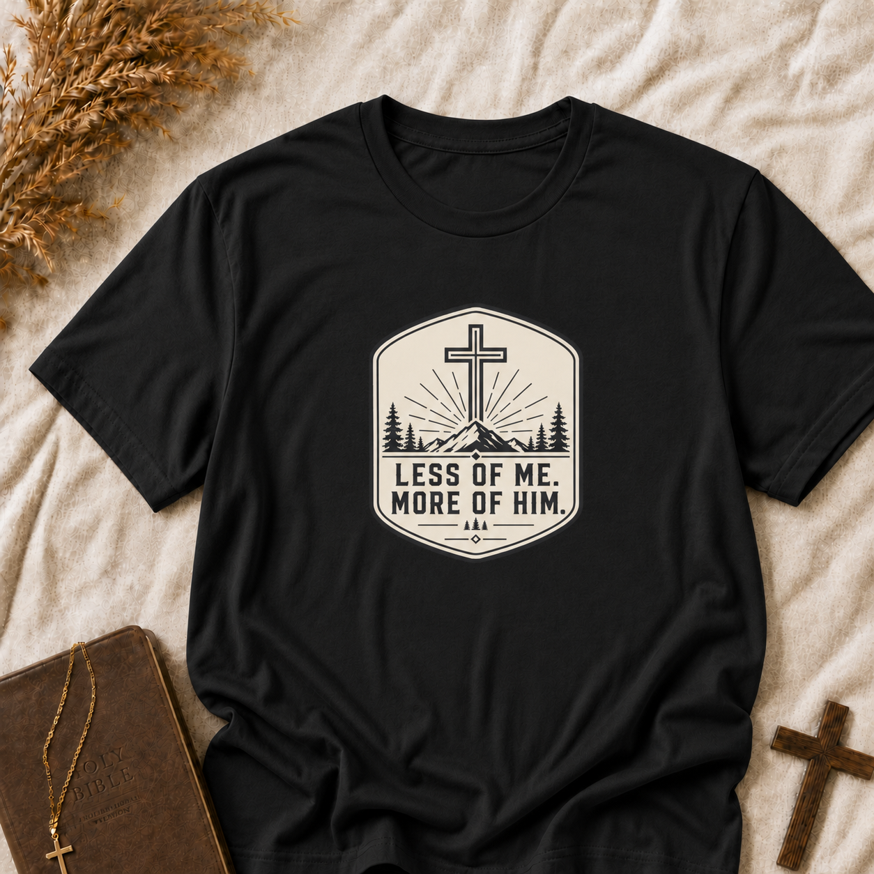Christian T‑Shirt — “Less of Me, More of Him” Cross Mountain Faith Tee
