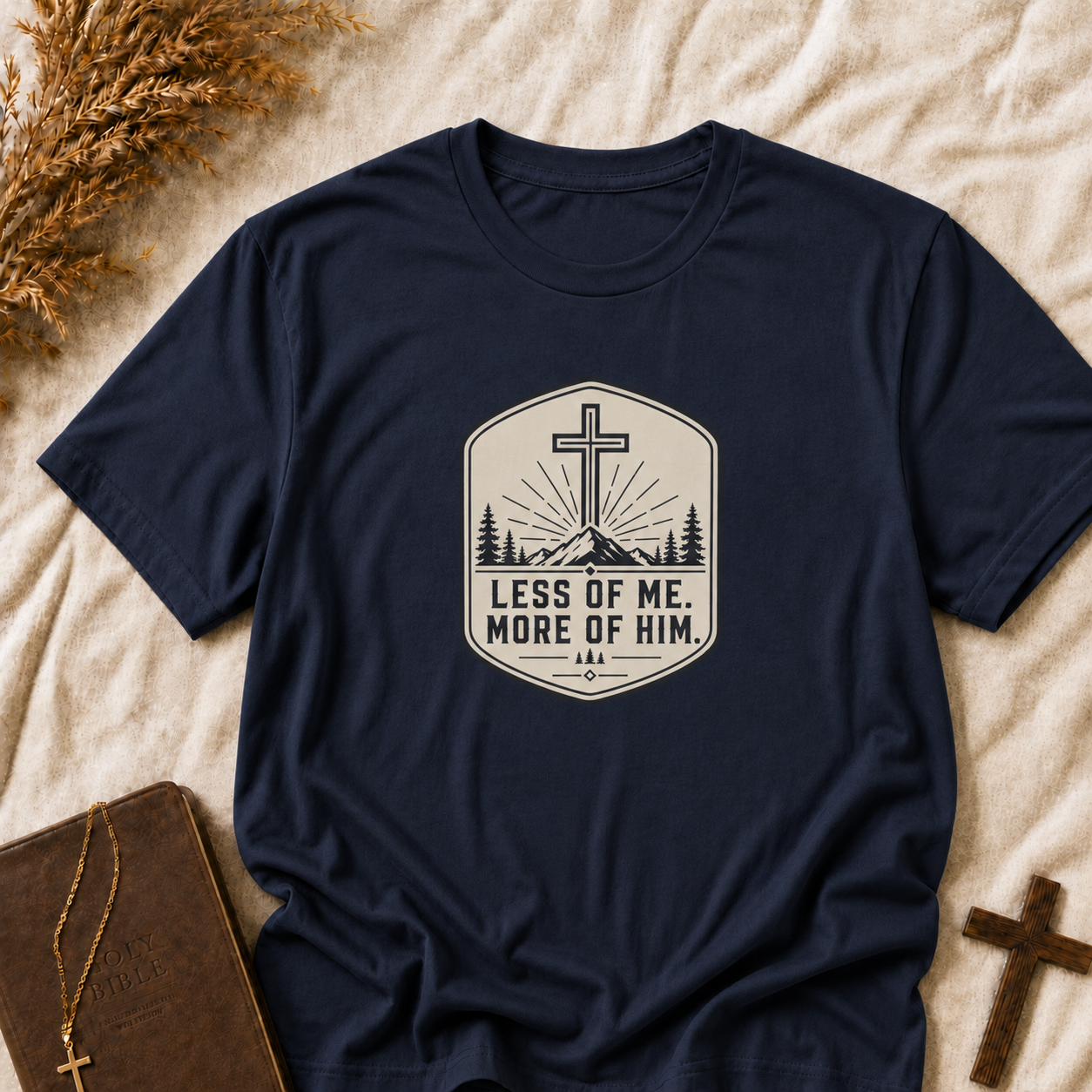 Christian T‑Shirt — “Less of Me, More of Him” Cross Mountain Faith Tee