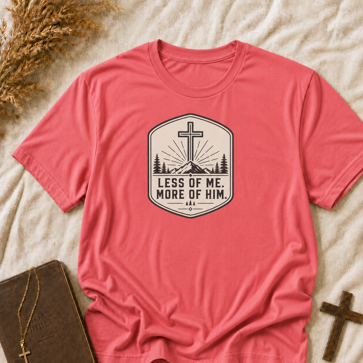 Christian T‑Shirt — “Less of Me, More of Him” Cross Mountain Faith Tee