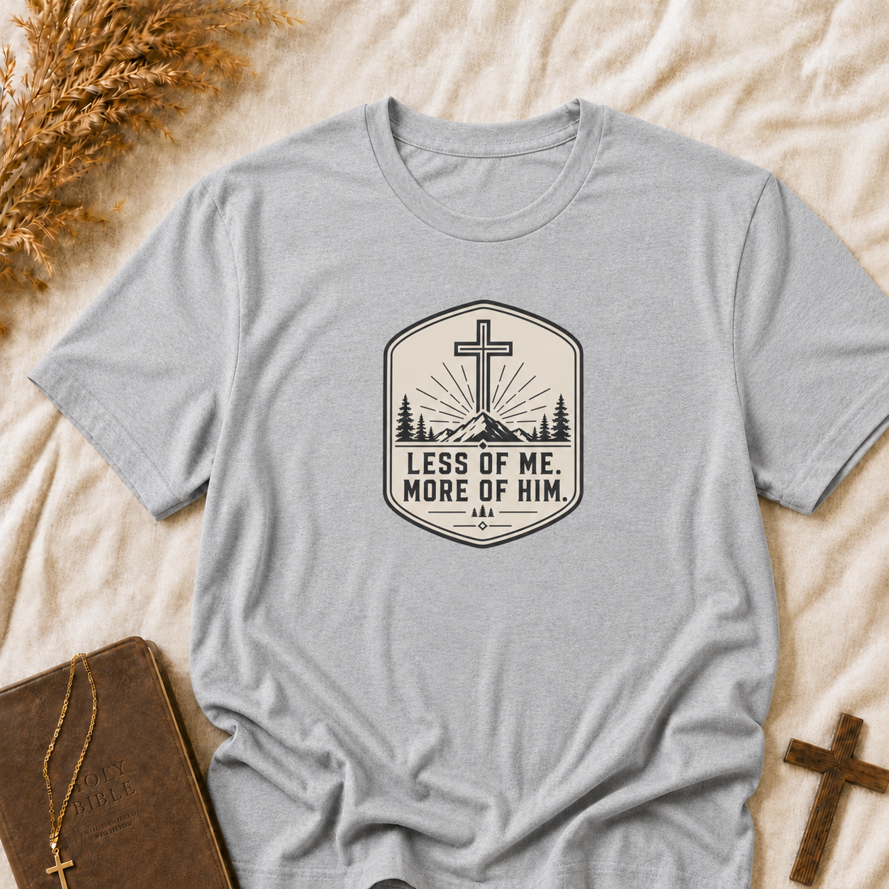Christian T‑Shirt — “Less of Me, More of Him” Cross Mountain Faith Tee
