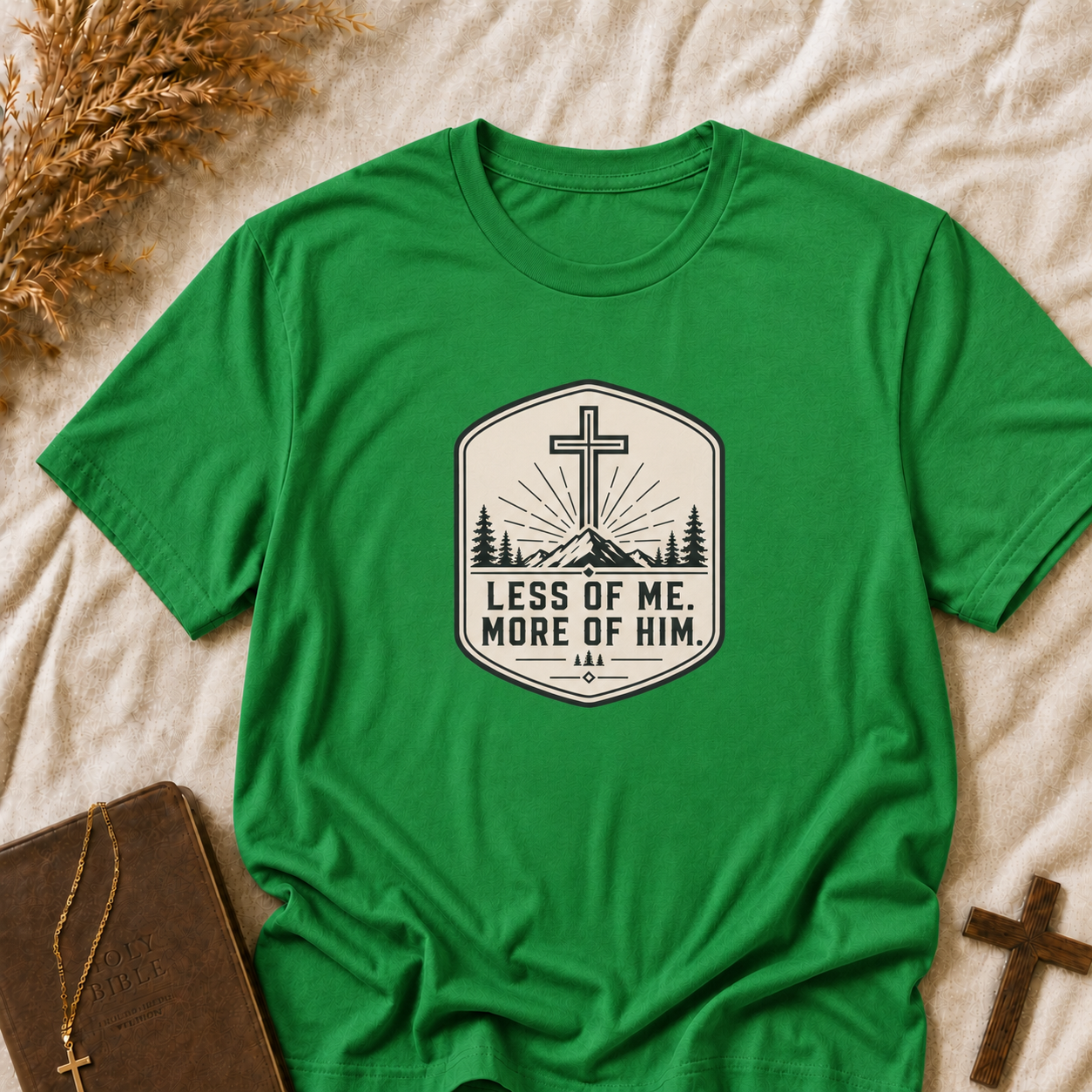 Christian T‑Shirt — “Less of Me, More of Him” Cross Mountain Faith Tee