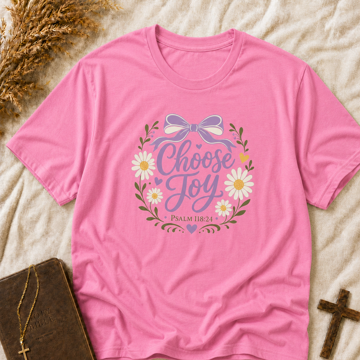 T-Shirt — "Choose Joy" Floral Bow Inspirational Tee