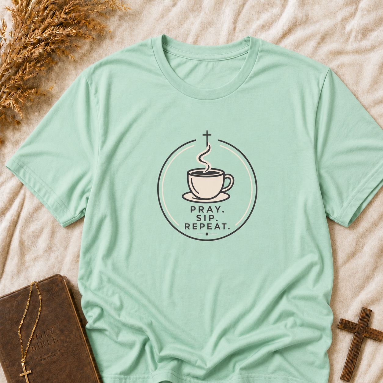 Prayer, Sip, Repeat T-Shirt — Christian Coffee Tee