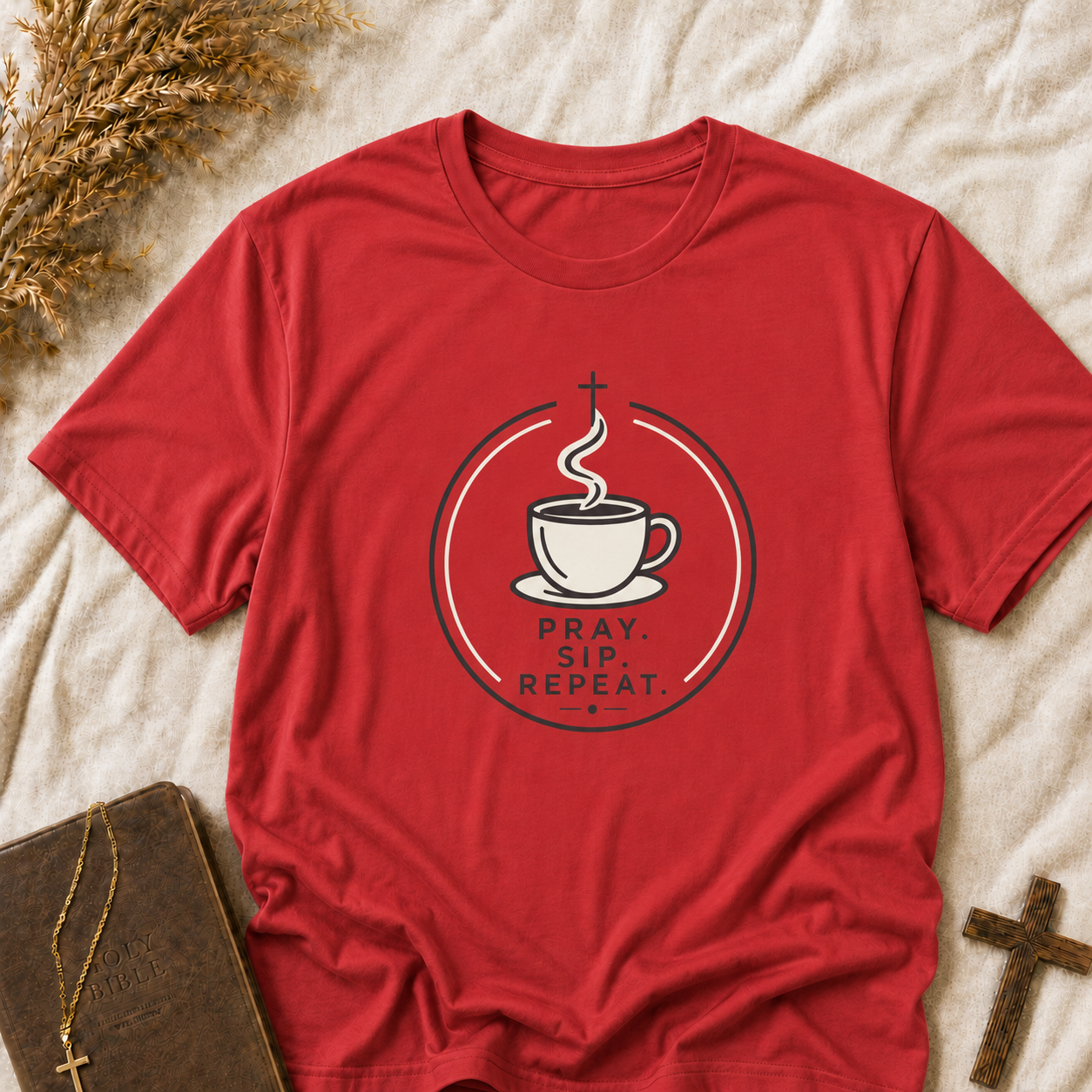 Prayer, Sip, Repeat T-Shirt — Christian Coffee Tee