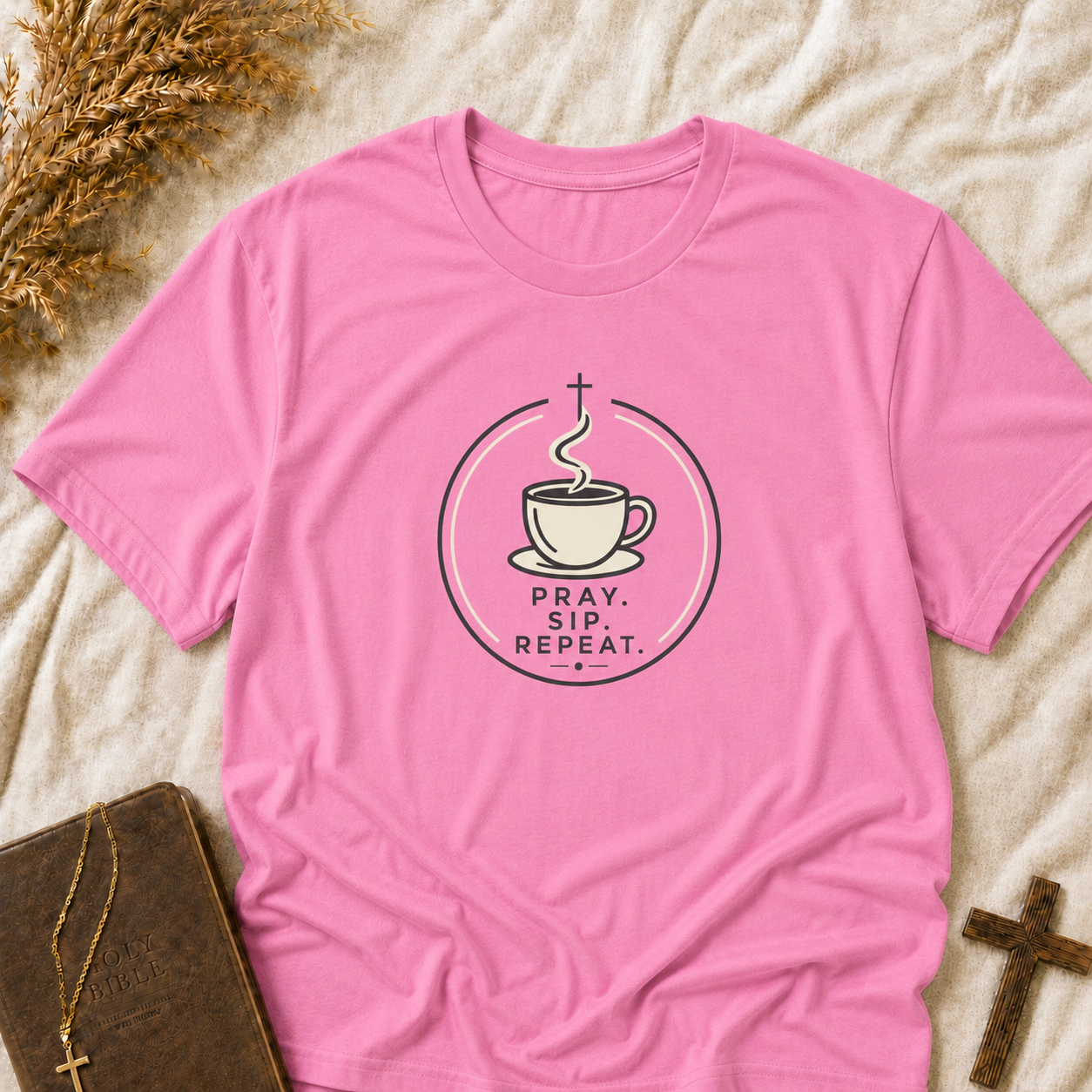 Prayer, Sip, Repeat T-Shirt — Christian Coffee Tee