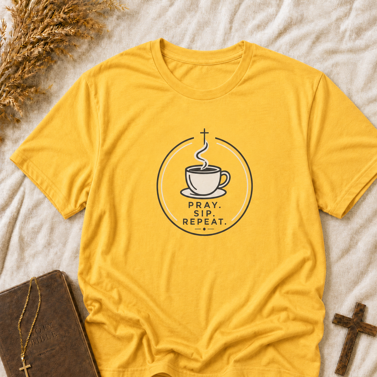 Prayer, Sip, Repeat T-Shirt — Christian Coffee Tee