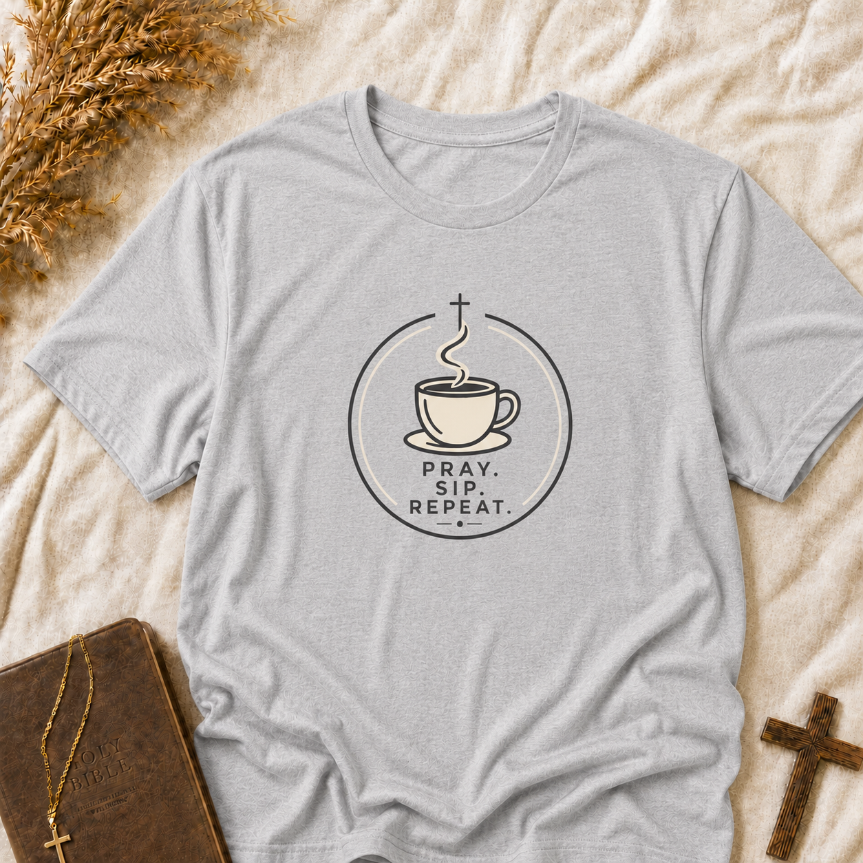 Prayer, Sip, Repeat T-Shirt — Christian Coffee Tee