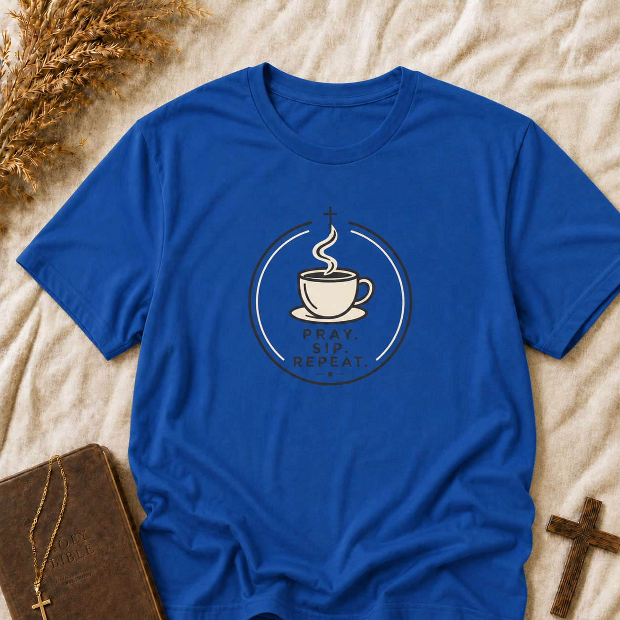 Prayer, Sip, Repeat T-Shirt — Christian Coffee Tee