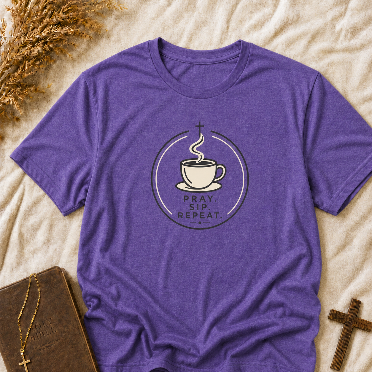 Prayer, Sip, Repeat T-Shirt — Christian Coffee Tee