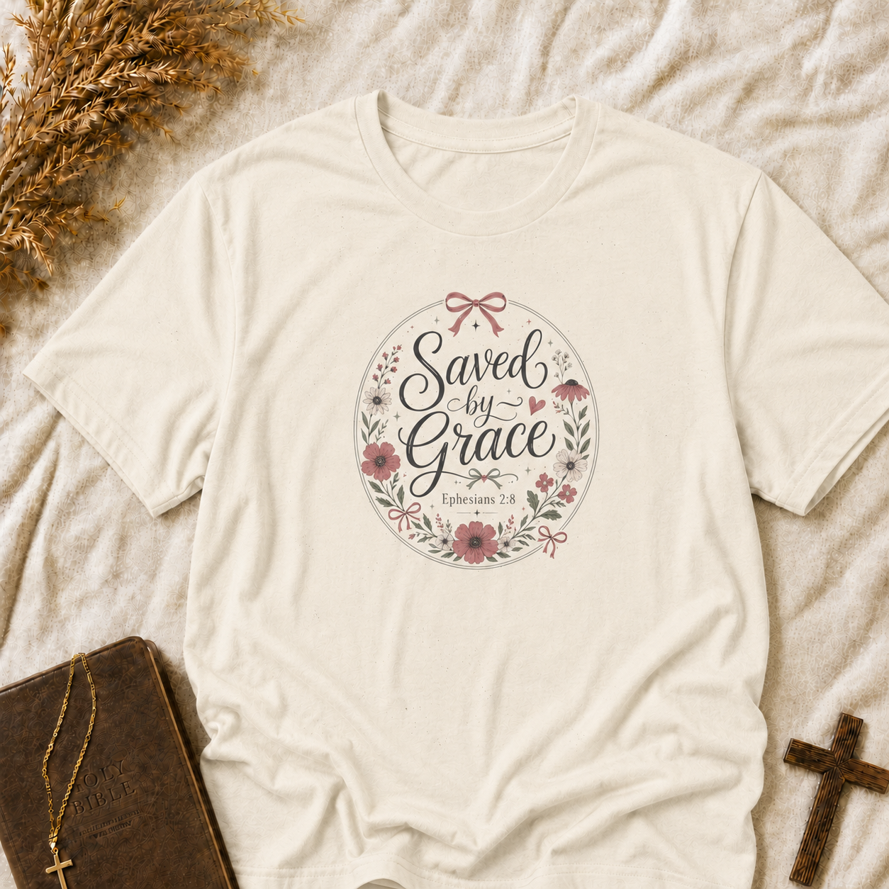 Saved by Grace Floral T-Shirt — Christian Faith Tee for Women