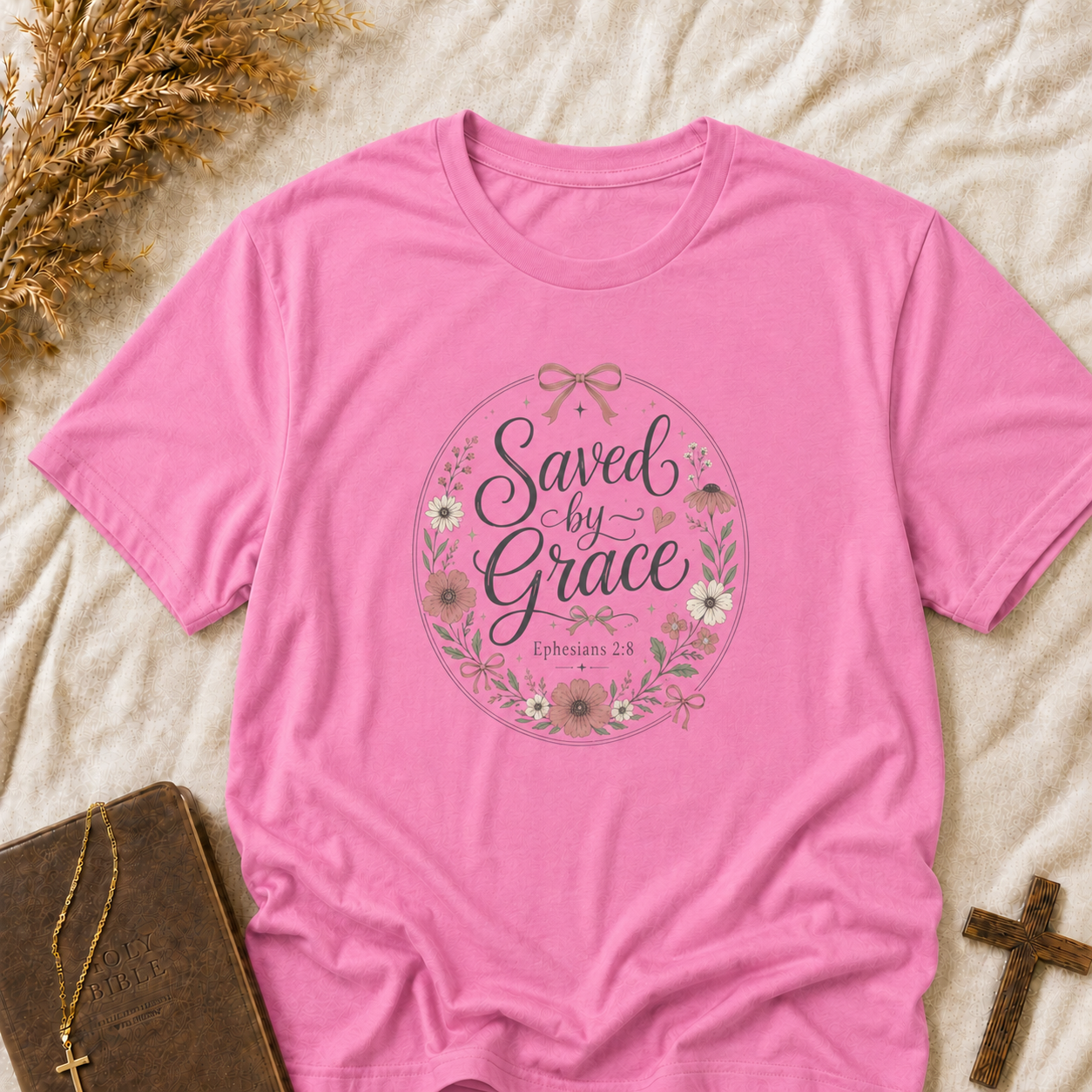 Saved by Grace Floral T-Shirt — Christian Faith Tee for Women