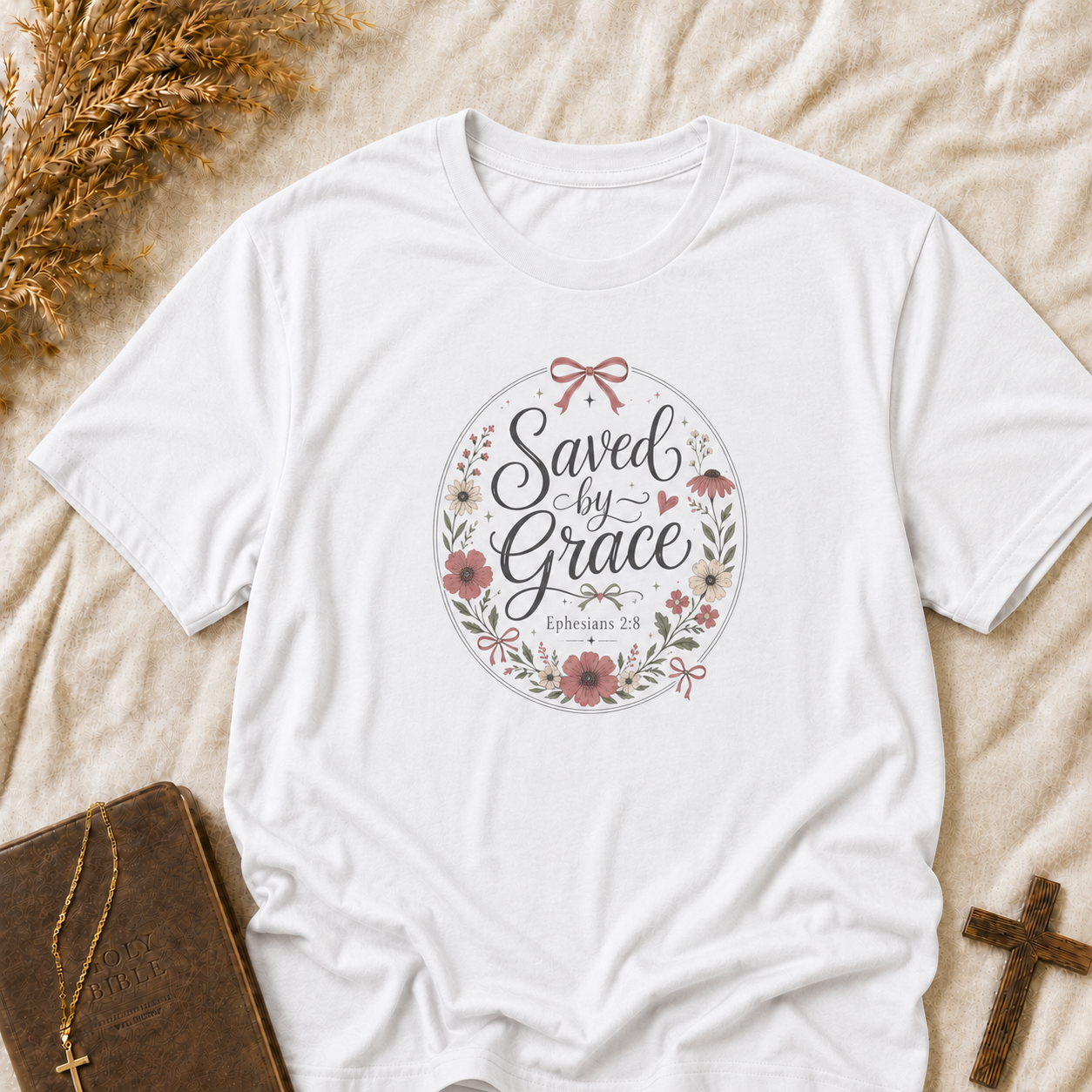 Saved by Grace Floral T-Shirt — Christian Faith Tee for Women