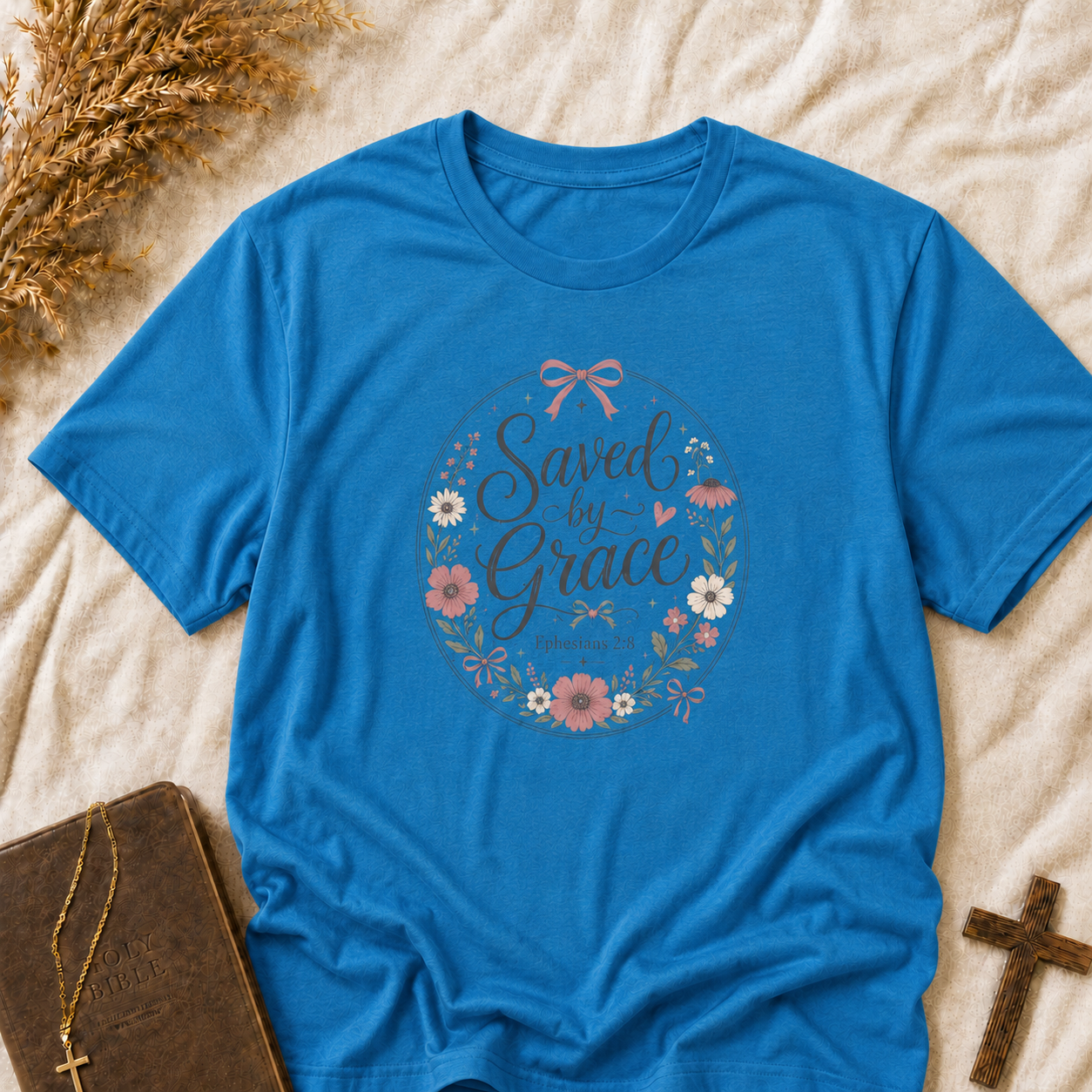 Saved by Grace Floral T-Shirt — Christian Faith Tee for Women