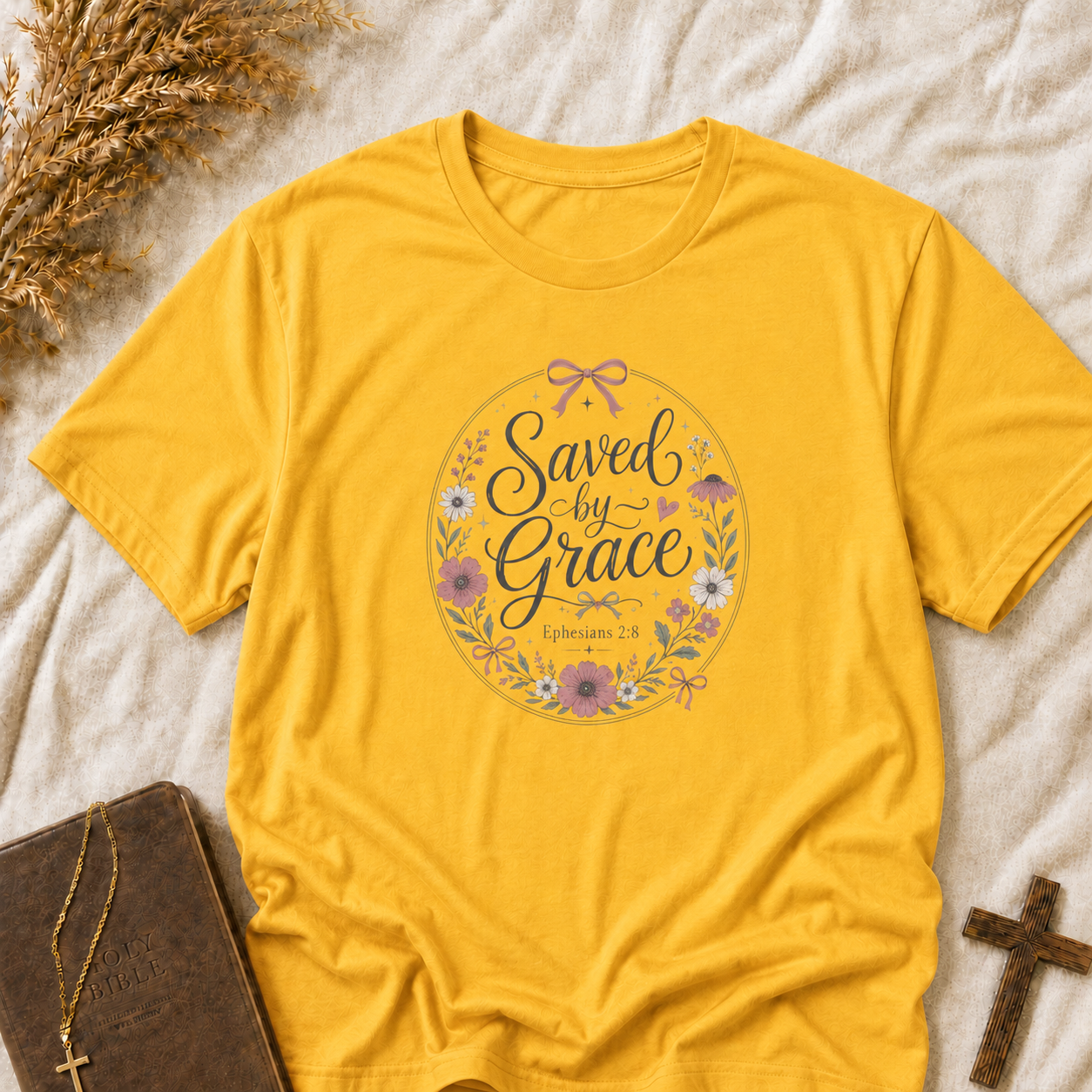 Saved by Grace Floral T-Shirt — Christian Faith Tee for Women