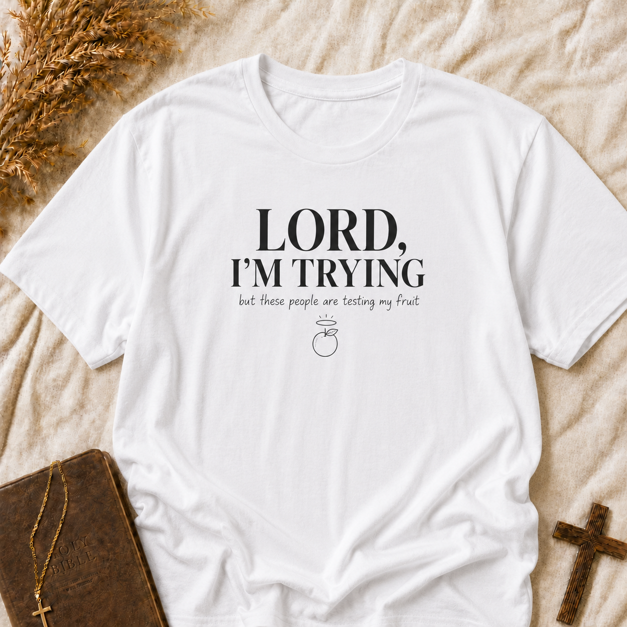 Christian Graphic T-Shirt — “Lord, I’m Trying” Faith Humor Tee