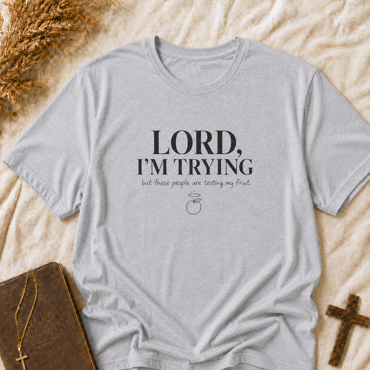 Christian Graphic T-Shirt — “Lord, I’m Trying” Faith Humor Tee
