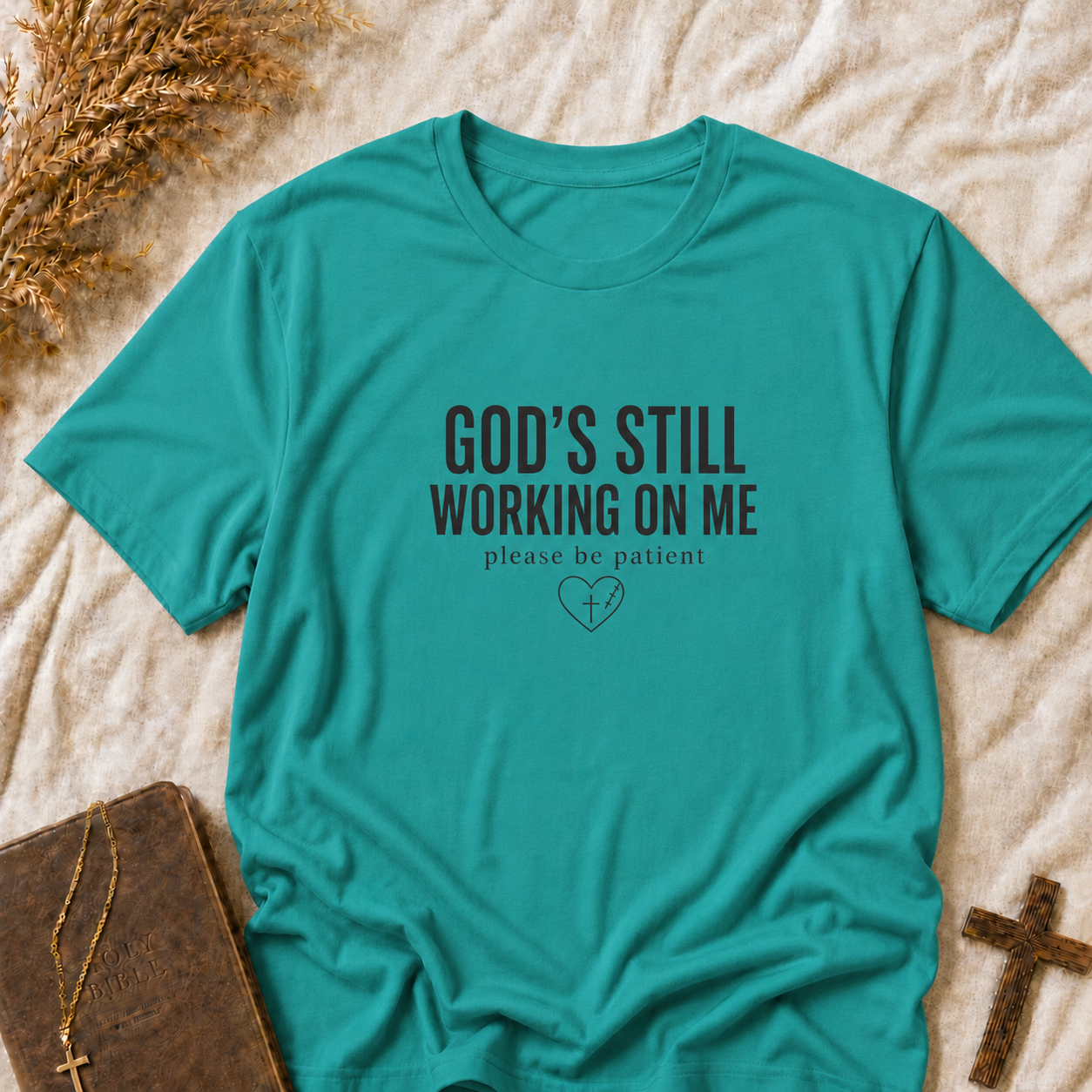 Christian T-Shirt — "God's Still Working On Me" Inspirational Faith Tee