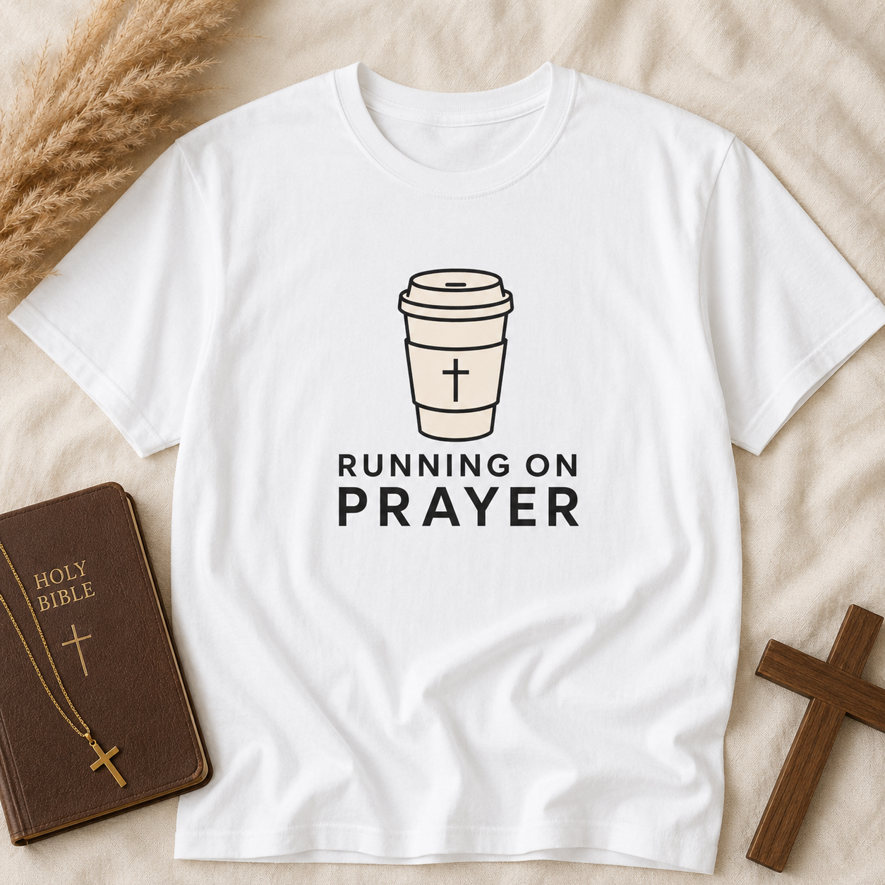 Prayer Coffee T-Shirt — "Running on Prayer" Christian Graphic Tee