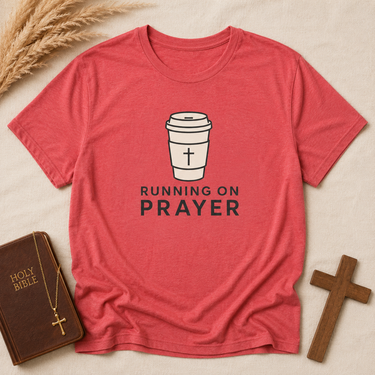 Prayer Coffee T-Shirt — "Running on Prayer" Christian Graphic Tee