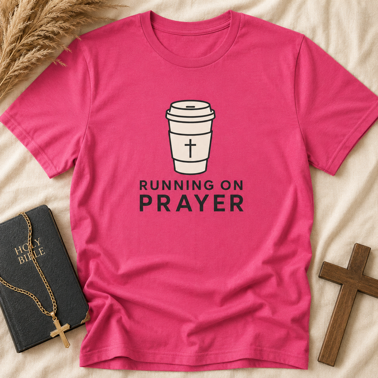 Prayer Coffee T-Shirt — "Running on Prayer" Christian Graphic Tee
