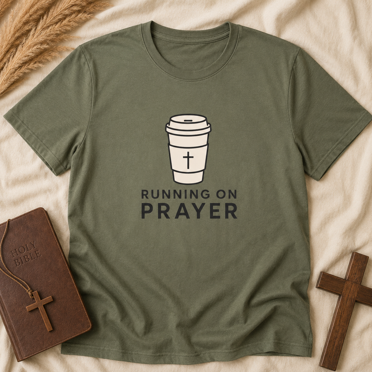 Prayer Coffee T-Shirt — "Running on Prayer" Christian Graphic Tee