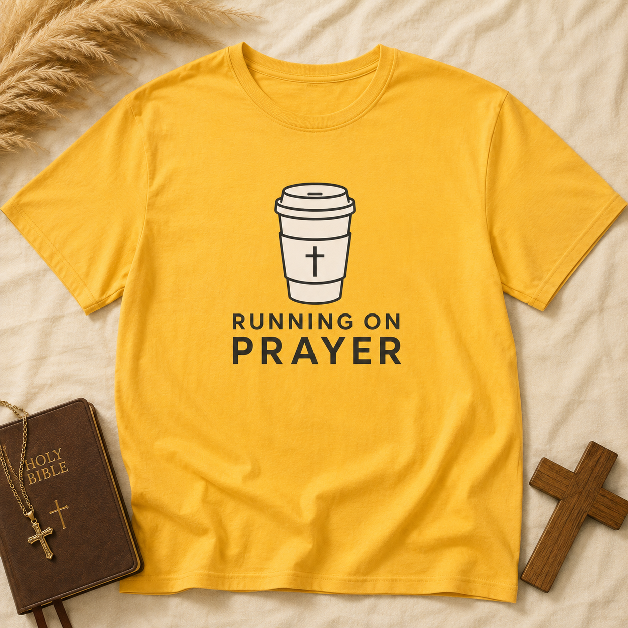 Prayer Coffee T-Shirt — "Running on Prayer" Christian Graphic Tee