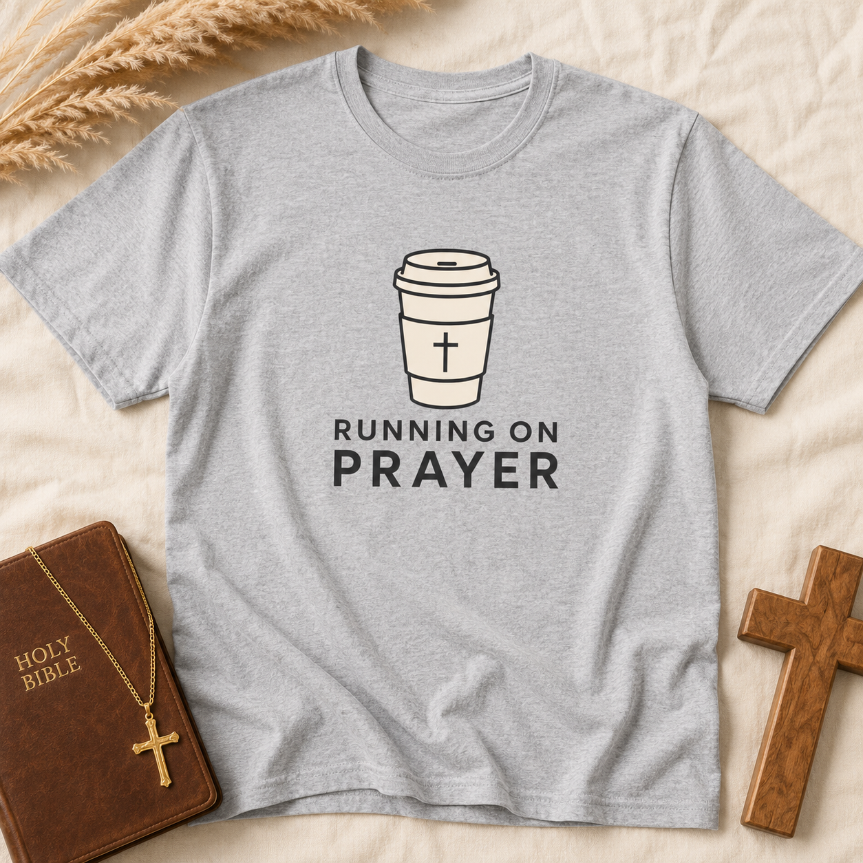 Prayer Coffee T-Shirt — "Running on Prayer" Christian Graphic Tee