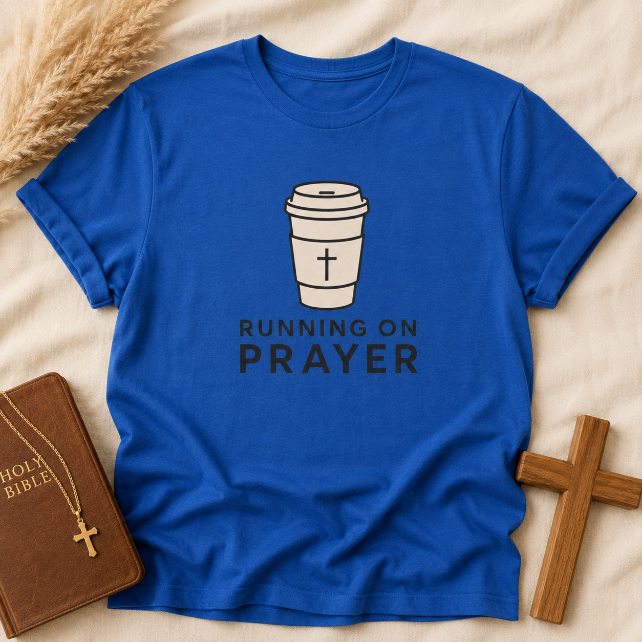 Prayer Coffee T-Shirt — "Running on Prayer" Christian Graphic Tee