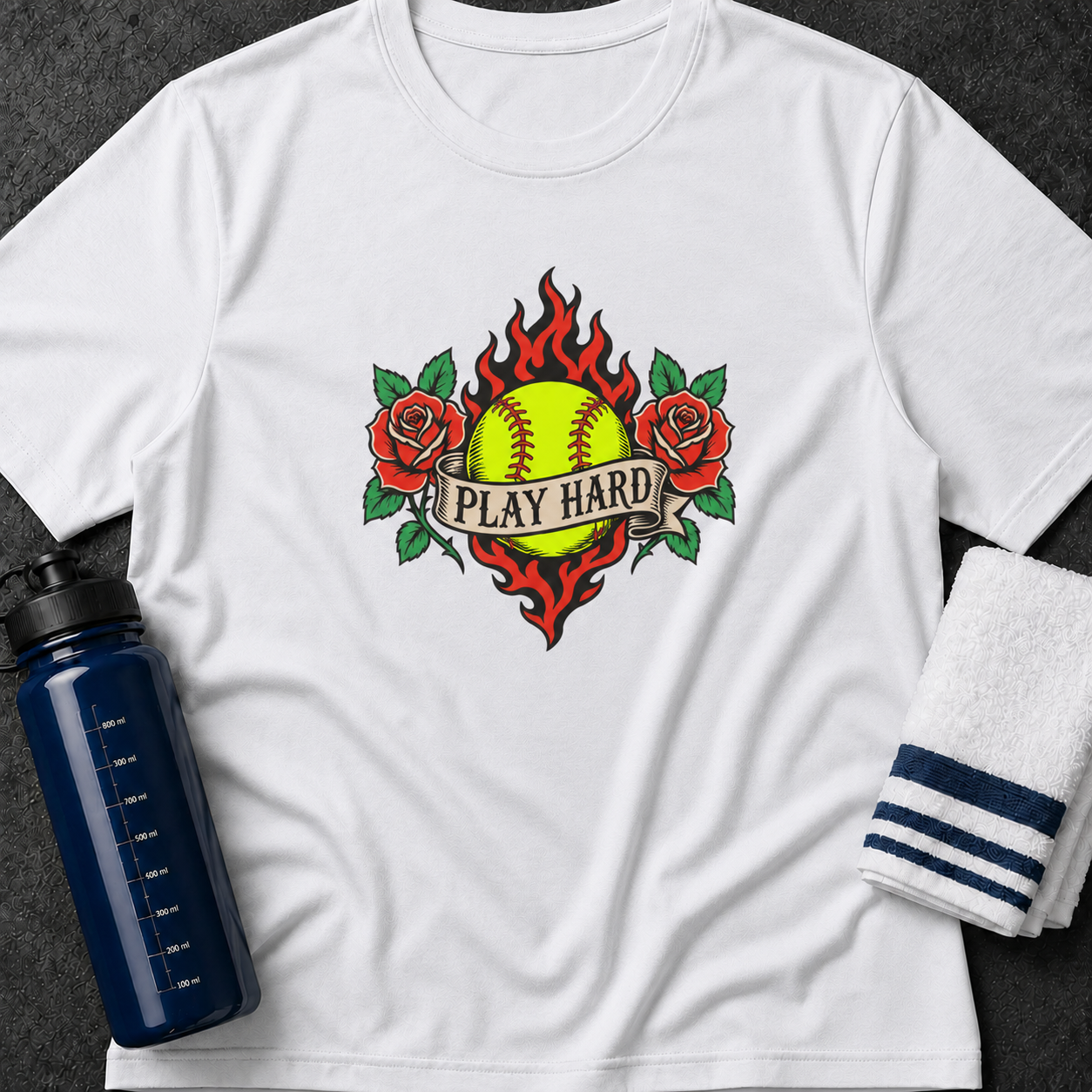 Softball "Play Hard" T-Shirt — Retro Flaming Ball with Roses