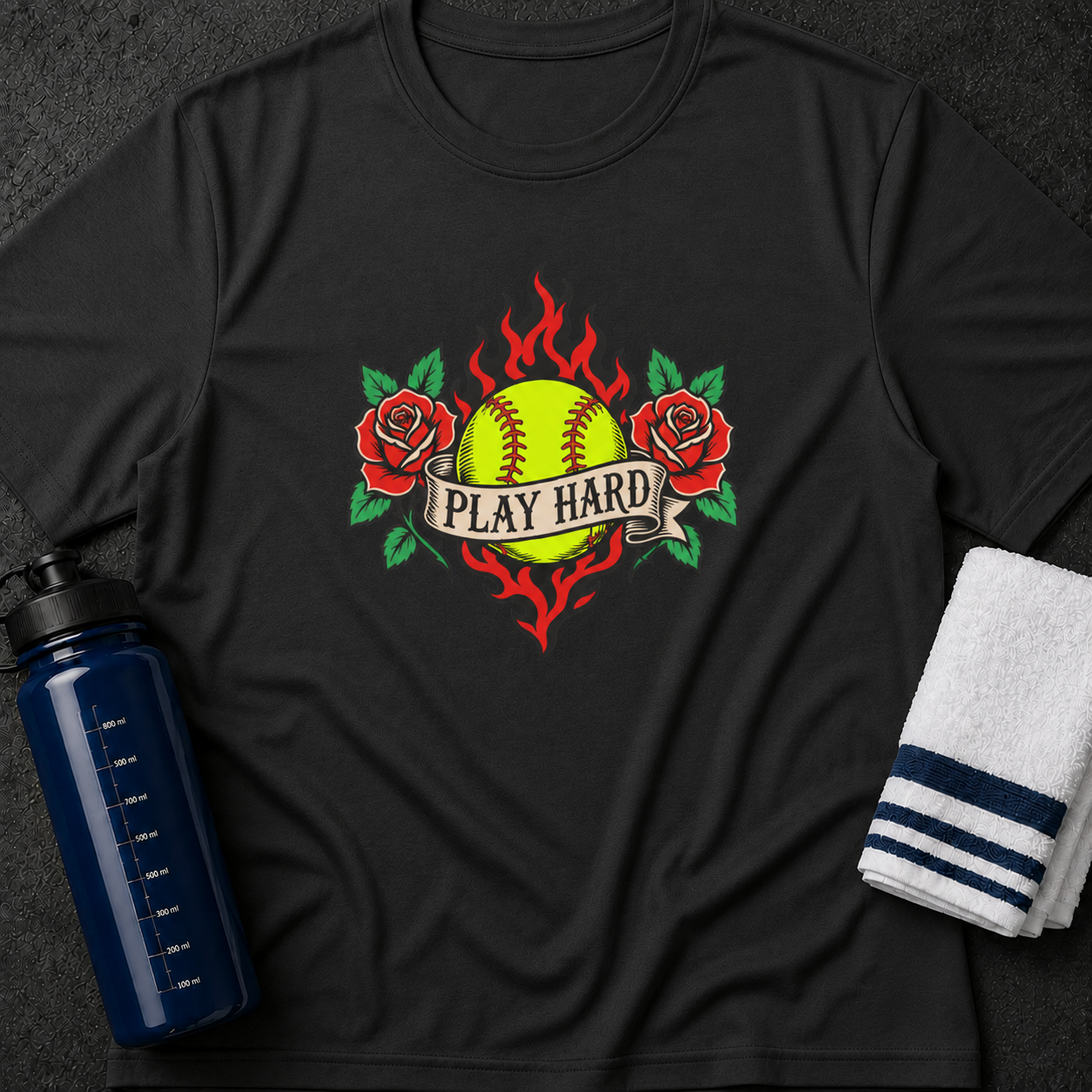 Softball "Play Hard" T-Shirt — Retro Flaming Ball with Roses