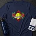 Softball "Play Hard" T-Shirt — Retro Flaming Ball with Roses