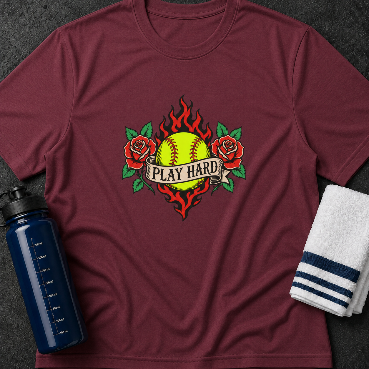 Softball "Play Hard" T-Shirt — Retro Flaming Ball with Roses