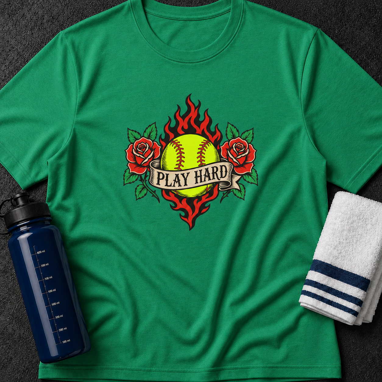 Softball "Play Hard" T-Shirt — Retro Flaming Ball with Roses