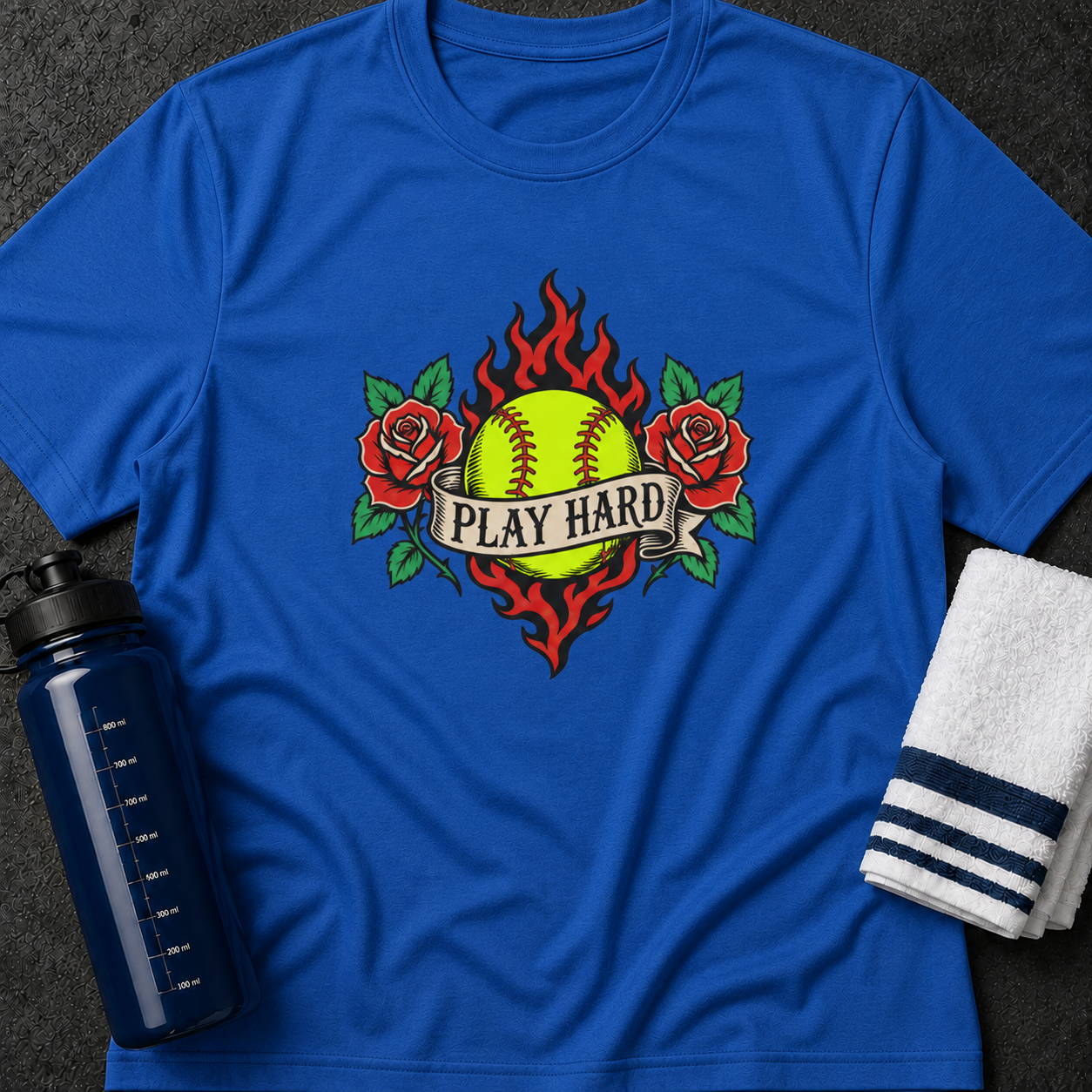 Softball "Play Hard" T-Shirt — Retro Flaming Ball with Roses