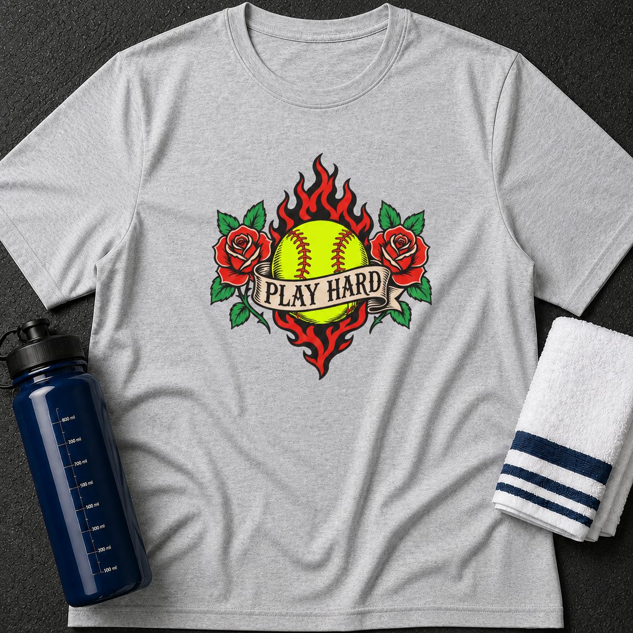 Softball "Play Hard" T-Shirt — Retro Flaming Ball with Roses