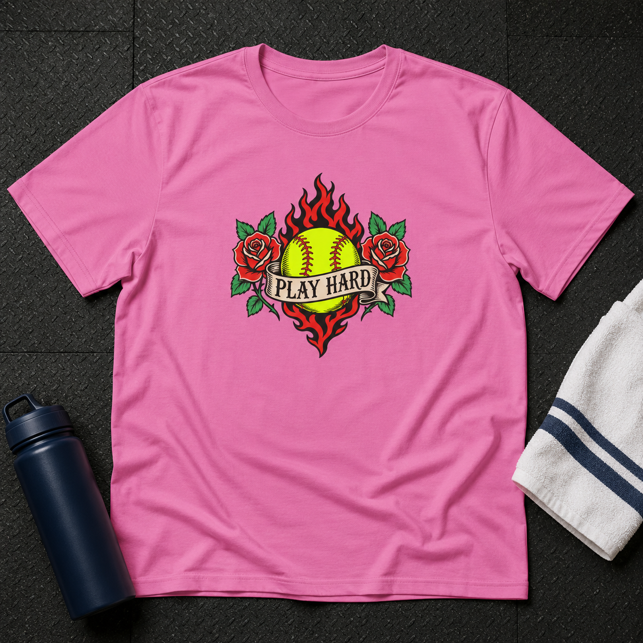 Softball "Play Hard" T-Shirt — Retro Flaming Ball with Roses