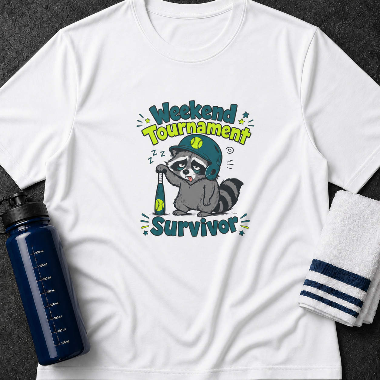 Weekend Tournament Survivor T-Shirt — Cute Raccoon Baseball Design