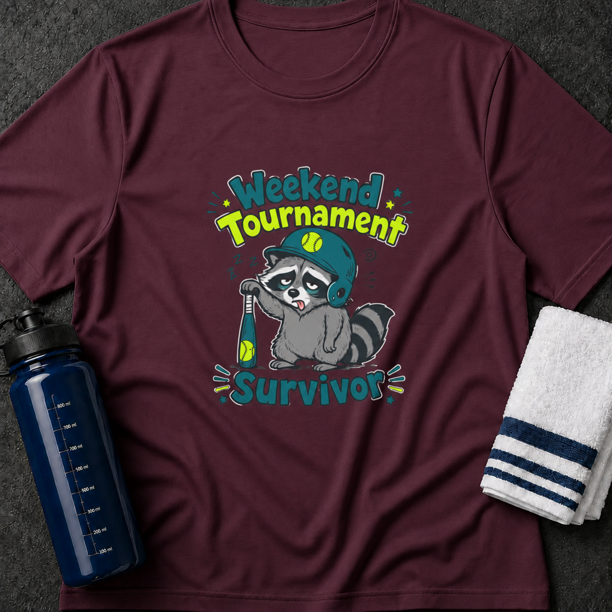 Weekend Tournament Survivor T-Shirt — Cute Raccoon Baseball Design
