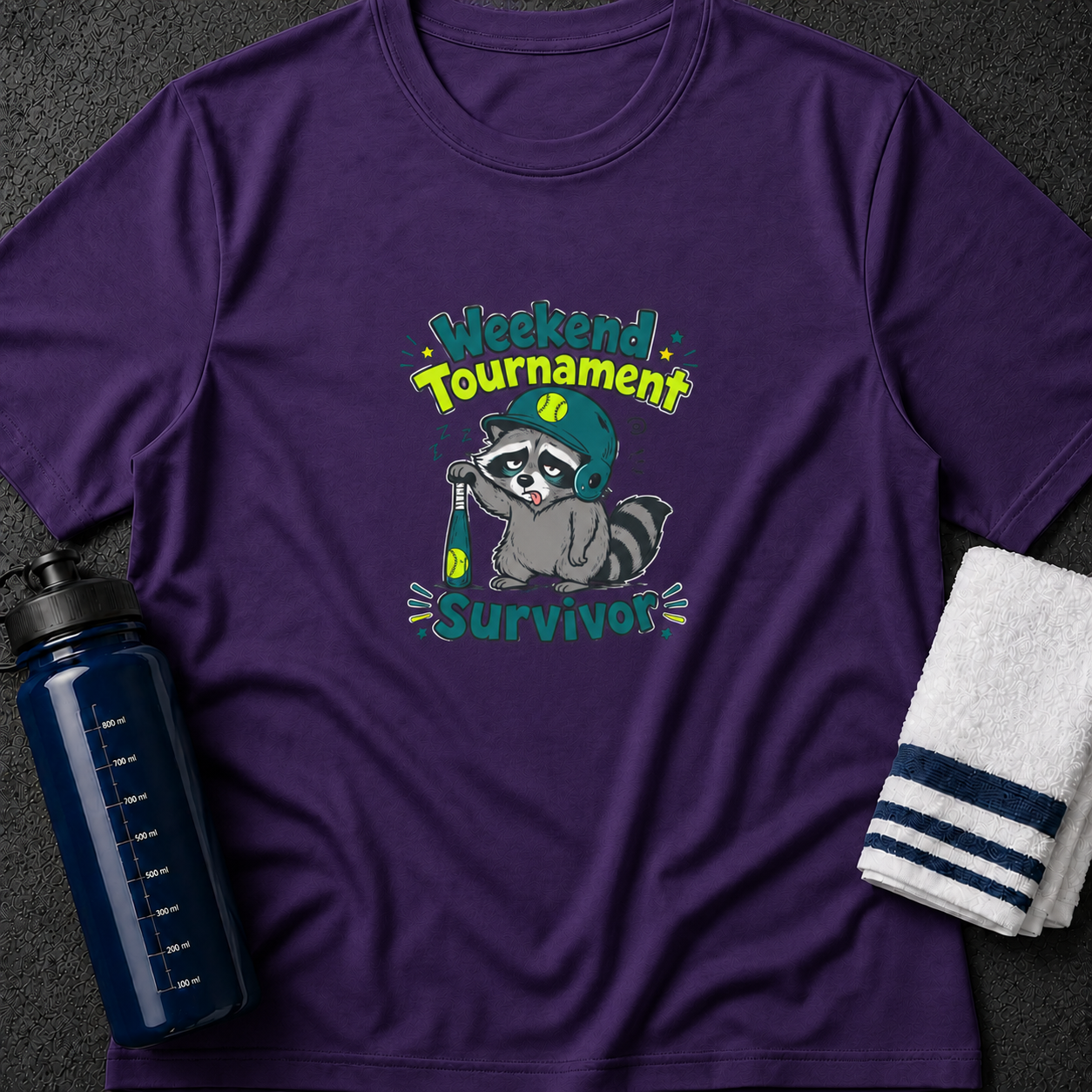 Weekend Tournament Survivor T-Shirt — Cute Raccoon Baseball Design
