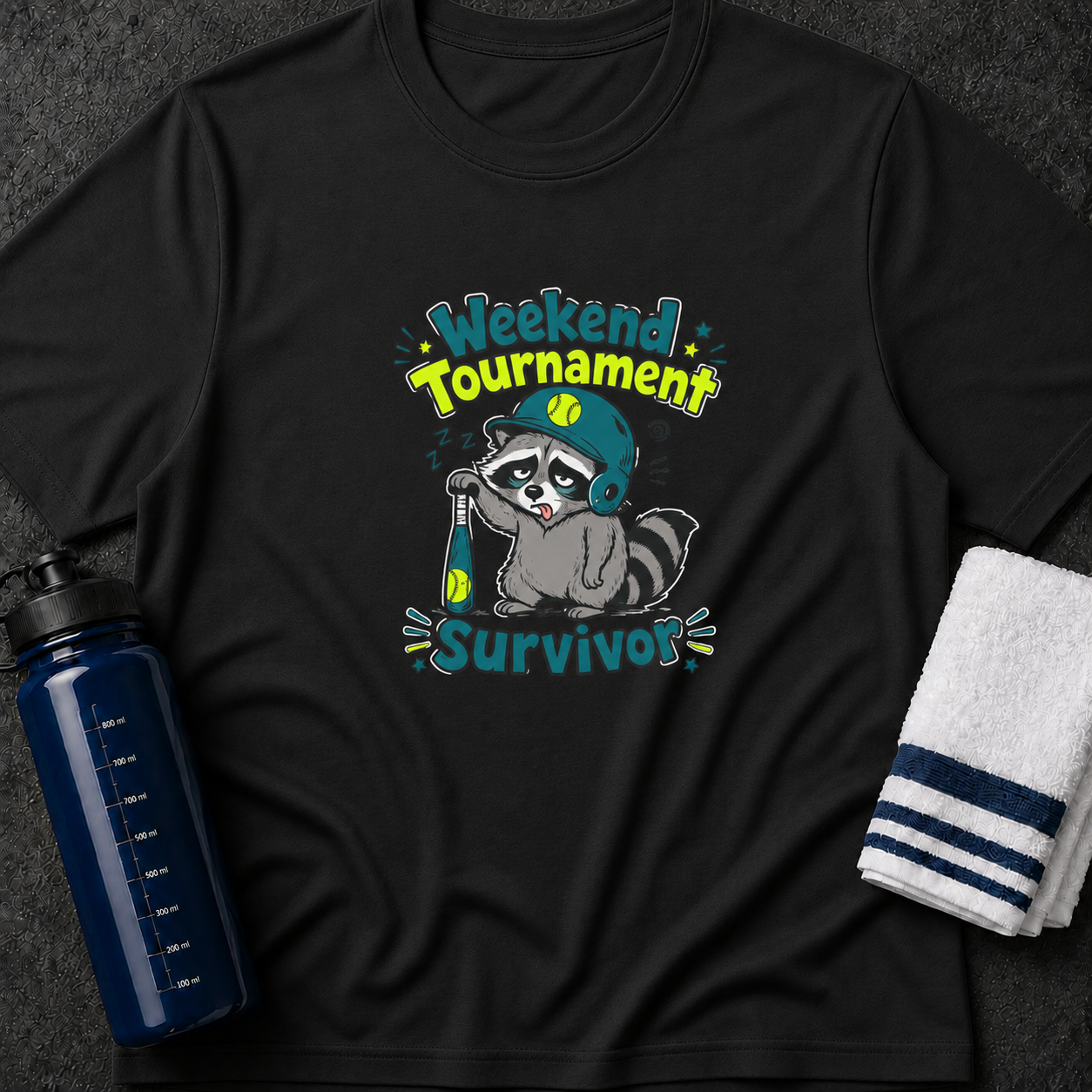 Weekend Tournament Survivor T-Shirt — Cute Raccoon Baseball Design